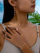 Pearl Necklace Earring Bracelet Set Gold Jewellery Minimalist 3 Pieces