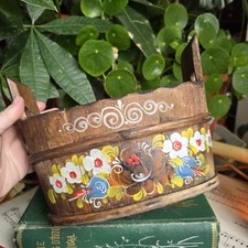 Vintage Wooden Trough Old World Hand Painted Floral Planter Decorative Bowl