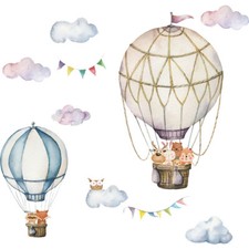 Wall Stickers Watercolour Hot Air Balloon Cloud Flags Kids Baby Rabbit  Nursery