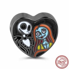 Nightmare Before Christmas Jack Sally Love Heart Charm Bead 925 Sterling Silver