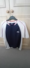 small, blue and white, vintage umbro, training t-shirt