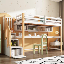Wooden House Bunk Beds for Kids, Pine Loft Bed Frame with Storage Stairs White