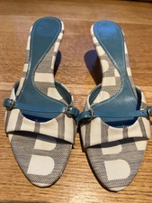 Blue/Cream Kitten Heels by Bally with turquoise leather accent strap.  UK 5. 