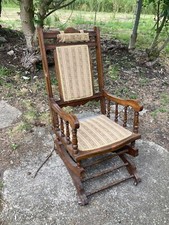 Vintage Antique Brown Wooden Rocking Chair with Springs with Fabric Seat & Back