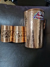 Pure Copper Hammered Jug for Water, 2 x Cups set, Silver look- Pure Copper 