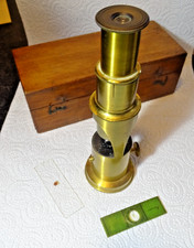 Antique Victorian Brass microscope laboratory student wooden box carry case 6"