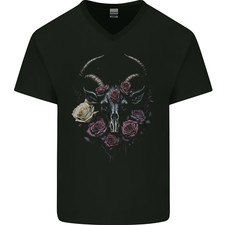 A Goat Skull With Roses Gothic Goth Mens V-Neck Cotton T-Shirt