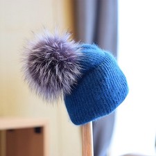 Women Winter Warm Knitted Beanie Cap Fox Fur Pompom Cashmere Blend Cuffed Hat