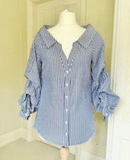 Zara Woman Blouse Shirt Top 3/4 Sleeve Size EUS Blue/White Stripe Chic Design