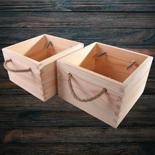 Pack of 2 Square Wooden Storage Boxes | Rope Handles Crate Gift Hamper Container