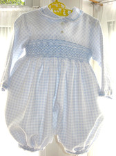 Smocked Romper SARAH LOUISE Baby Boy 3-6 m LS Winter Play Suit Blue White Check