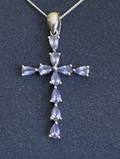 Sterling Silver And Tear Drop Cut Tanzanite Cross Pendant Necklace-41cm Length 