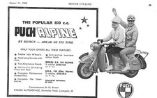 1960 Motor Cycle Advert for PUCH ALPINE 150cc Scooter. Small Vintage Print Ad