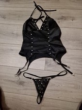 BNWOT Lust By Teensy Weensy Black Satin Studded Cami Suspender/Thong Set 10-12 