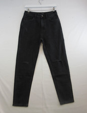 Womens Jeans Size 10 Black W28 L27 Straight Distressed Embroidered Zip Fly Denim