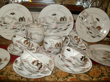 Vintage Kutani Japanese Fujiyama Mount Fuji Geisha Lithophane Fine China Tea Set