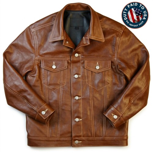 Men brown leather trucker - leather,