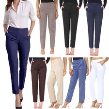 LADIES WOMENS HALF ELASTICATED STRETCH WAIST WORK OFFICE TROUSERS POCKETS PANTS