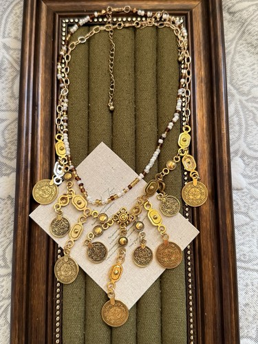 Boho gold coin charm - gold, necklace