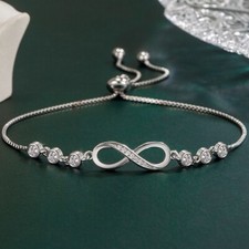 925 Sterling Silver Crystal Love Linked Charm Bracelet Women Jewellery Gift