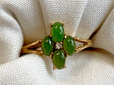 14K Yellow Gold Ring 2.09g Fine Jewelry Size 6.5 Band Jade Look & Clear Stones