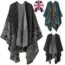 Ladies Women Knitted Cape Blanket Winter Wrap Poncho Open Front Shawl UK