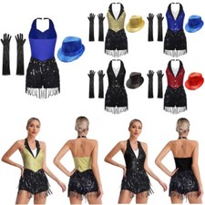 Womens Sequin Tassel Latin Leotard Dress Salsa Jazz Dance Outfit with Gloves Hat