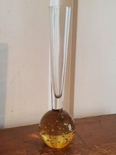 VINTAGE AMBER CLEAR CONTROLLED BUBBLE ROUND BASE 6” BUD VASE 