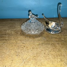 Vintage Glass Swan Rink Holder And Trinkit Holder With A Bird Handel 