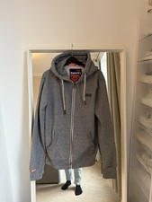 Mens XS Superdry Grey Black & Orange Full Zip Hoodie. Navy Logo. Great Condition