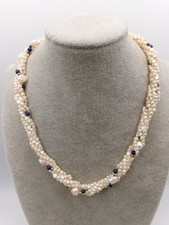 Vintage Twisted Freshwater Pearl & Lapis Lazuli Gold Tone Beads Necklace 22cm