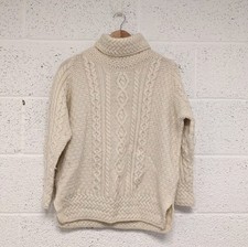 Carraig Donn Aran Roll Neck Jumper Merino Wool Chunky Cable Knit Cream Vintage L