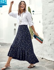 Boden Navy Blue & Gold Polka Dot Spot Fluted Hem Jersey Skirt - BNWT - Size 14 P