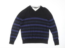 Dissident Men's 2XL Black Blue Striped V-Neck Jumper