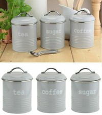 Set of 3 Airtight Tea Sugar and Coffee Storage Canister Jars Cream Grey White