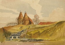 Patrick Arthur Faulkner Watercolour Painting Mid C20th Oast Houses Sluice Gate