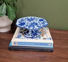 Vintage Blue & White Floral Ceramic Pedestal Cake Stand Mini Dish Plate Wedding