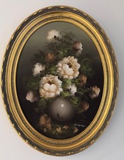 Vintage oval oil painting still life flowers roses signed framed 37 / 47 cm