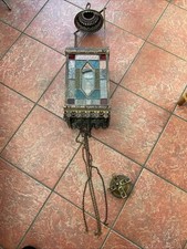 ANTIQUE EDWARDIAN ARTS AND CRAFTS LARGE RUSE AND FALL LEADED GLASS LAMP FITTING