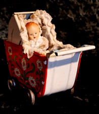 great vintage tin dolls pram with dolls, accessories dolls house