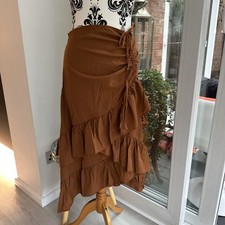 Temu Women's Tobacco Brown Ruched Midi Gypsy A-Symmetric Tiered Skirt XL BNWOT
