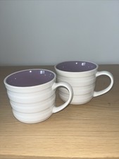 2 White Ribbed Wilko Mugs, Purple Interior, 9 cm High, 9.5 cm Wide.
