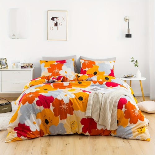 Red orange floral duvet - orange,