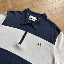 FRED PERRY BRADLEY WIGGINS 1/4 Zip Collar Blue Knit Polo Shirt Cycling Mod Large