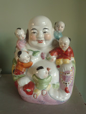 Vintage Large Happy Laughing Buddha with Children Ceramic lucky 8 inch / 20cm