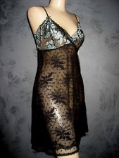 Claire Pettibone Lingerie Chemise Lace Nightgown LAVINIA Black Slate Blue M NWT