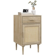 HOMCOM Bedside Table with Rattan Drawer, Cabinet and Adjustable Shelf, Natural