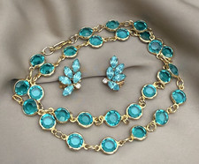 Vintage Teal Blue Paste Glass Stone Riviere Necklace & Art Deco Clip On Earrings
