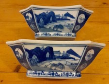 pair vintage Chinese 8 sided blue & white Kangxi signed porcelain dishes 