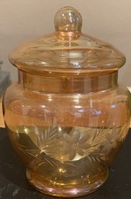 Carnival Iridescent Lidded Glass Bonbon Jar With Floral Engraving 18.5cm High